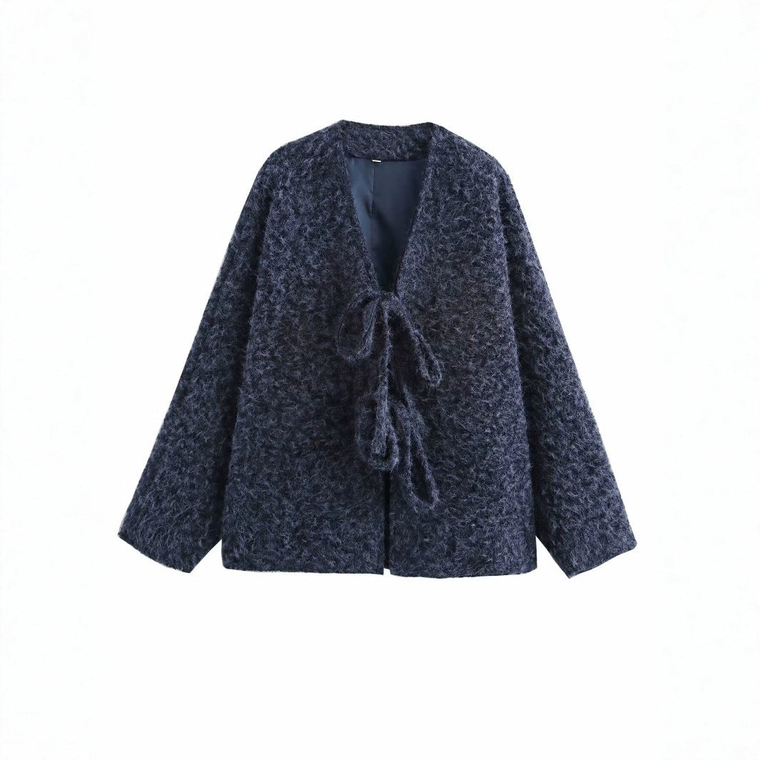 V-neck Cardigan Fashion Casual Lace Up Woolen Coat Short Coat - Norellé