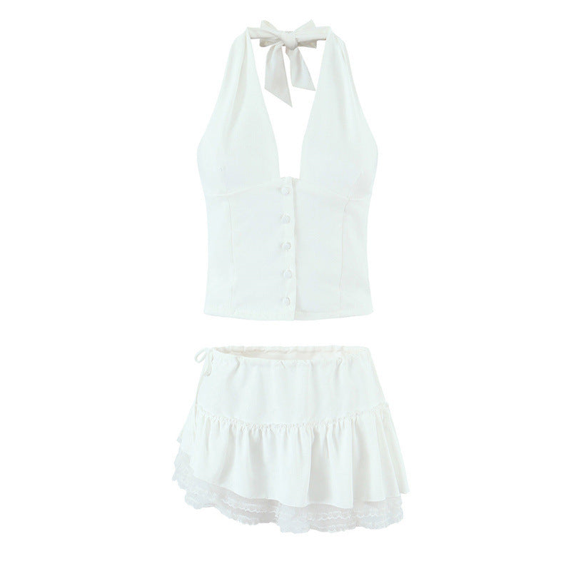 French Elegant Style Casual V-neck Backless Lace Up Halterneck Vest Short Skirt - Norellé