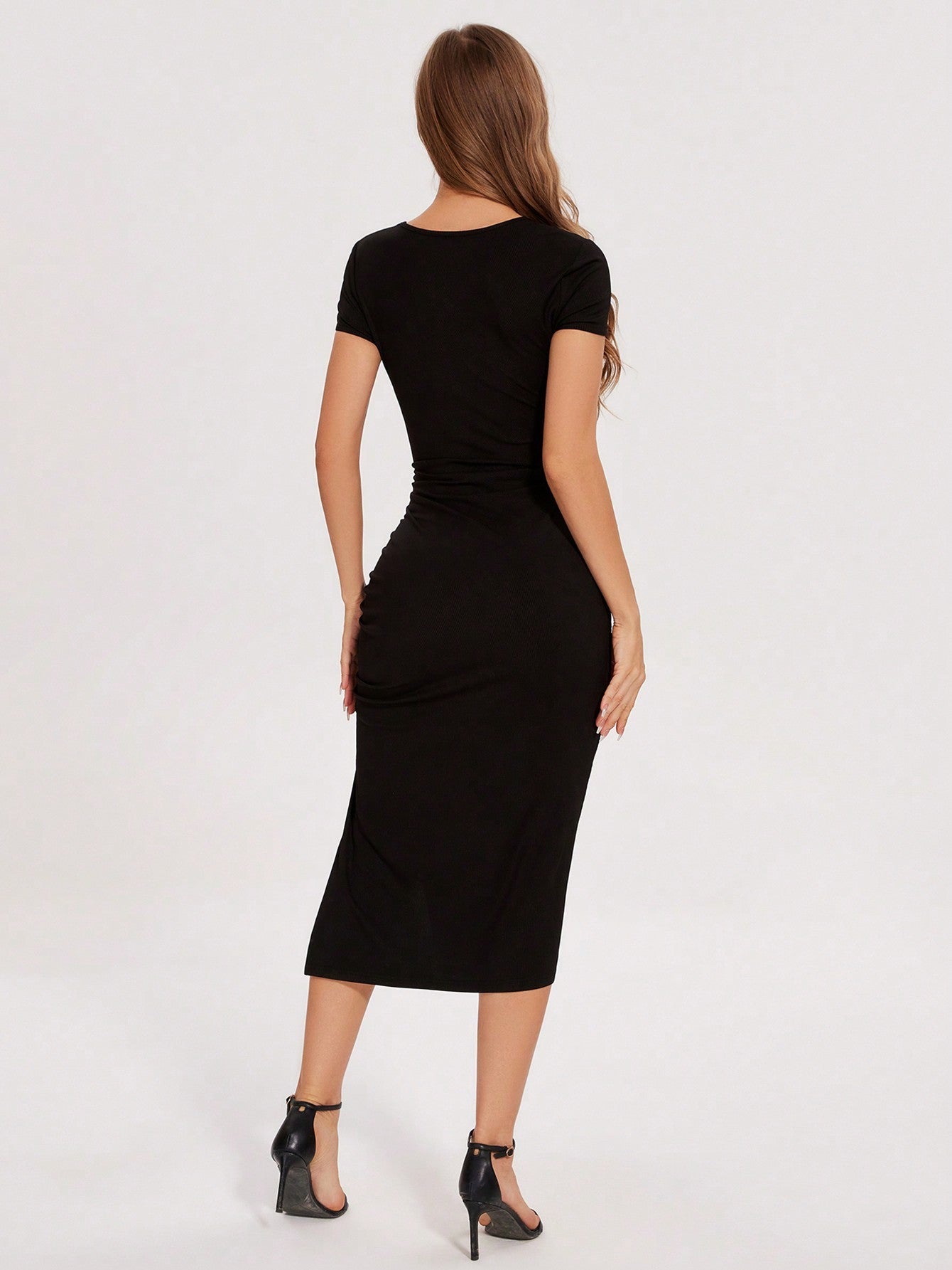Women's  Round Neck Hollow Split To Thigh Drawstring Short Sleeve Dress - Norellé