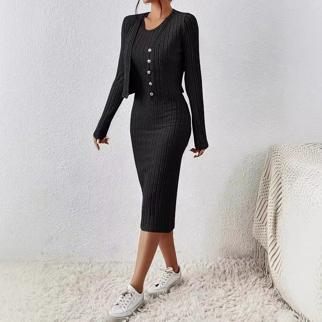 Front Button Cropped Top And Slim Fit Dress - Norellé
