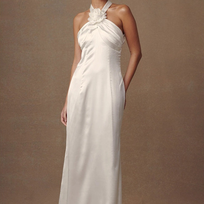 Backless  Flowers Satin High-grade Halter Dress - Norellé
