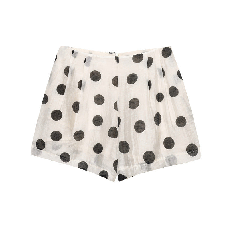 Polka Dot Hanging Collar Top Pleated Decorative Casual Shorts - Norellé