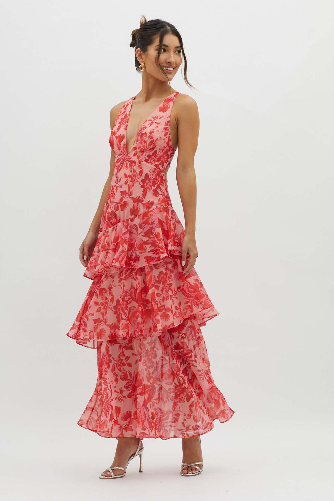 Women's Spaghetti-strap Floral Print Backless Multi-layer V-neck Dress - Norellé