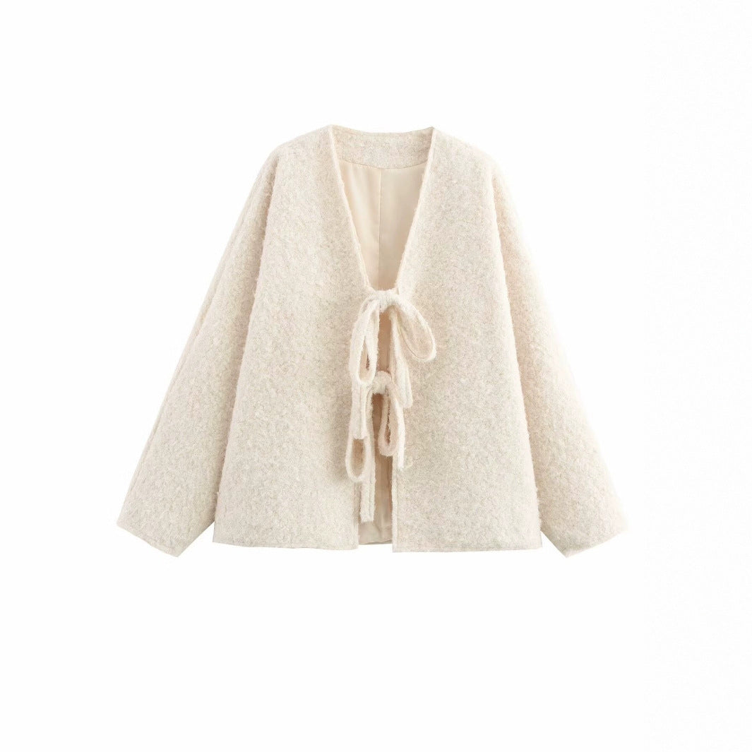 V-neck Cardigan Fashion Casual Lace Up Woolen Coat Short Coat - Norellé