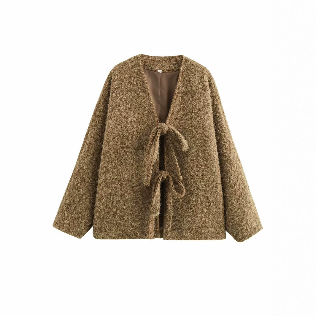 V-neck Cardigan Fashion Casual Lace Up Woolen Coat Short Coat - Norellé