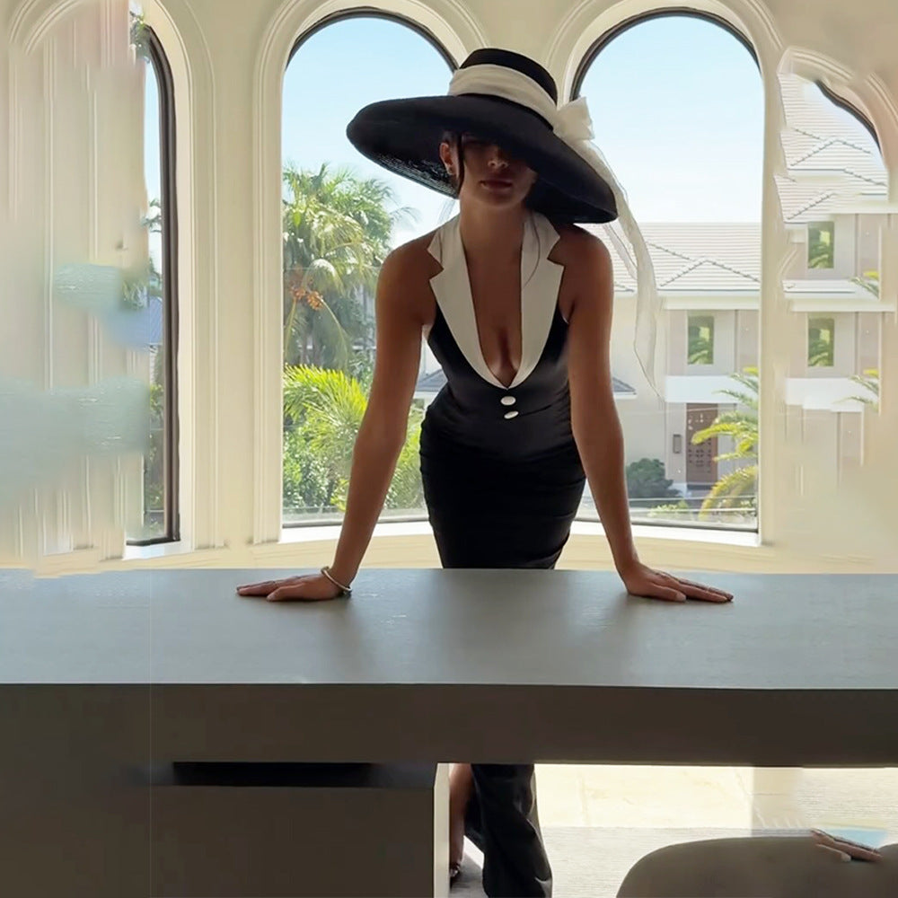 Lapel Backless Slit Dress - Norellé