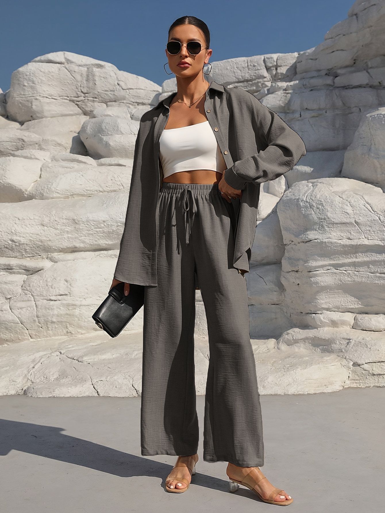 Fashion Graceful Plus Size Women's Long Sleeve Cardigan Two-piece Set Casual Solid Color Suit - Norellé