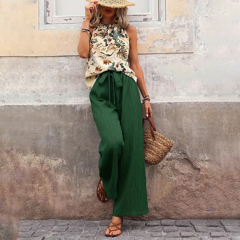 Women's 2 Piece Outfits Casual Sleeveless Halter Neck Crop Tops Wide Leg Pants Set - Norellé