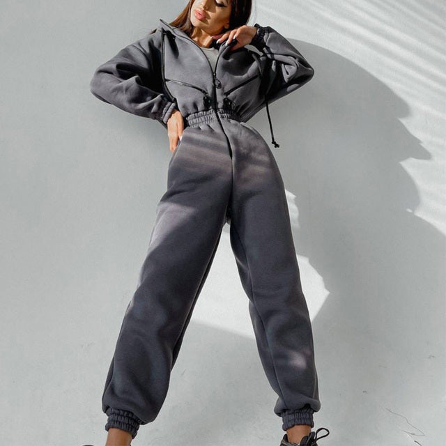 Casual Women Basic Hoodie Two Piece Sets Zipper Drawstring - Norellé