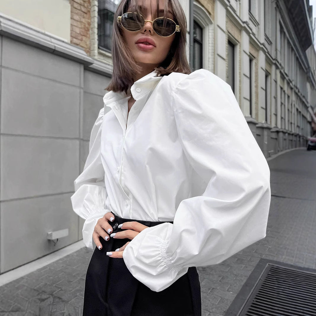 White Loose Puff Sleeves Shirt Women's Top - Norellé