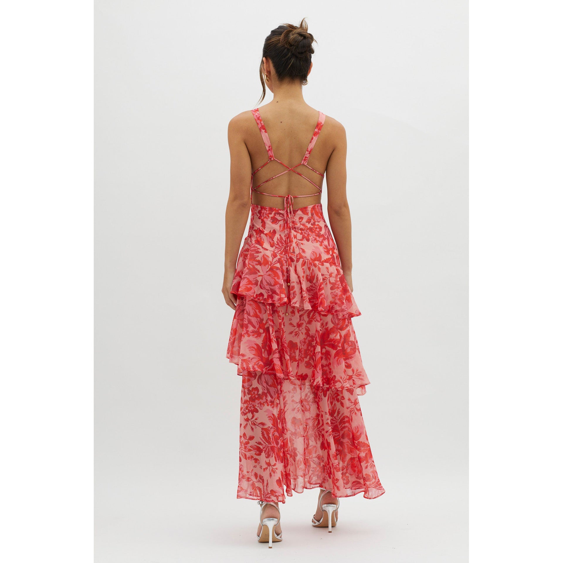 Women's Spaghetti-strap Floral Print Backless Multi-layer V-neck Dress - Norellé