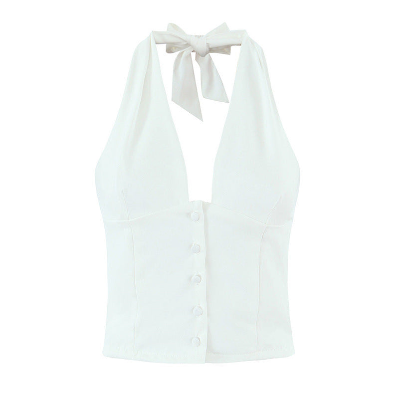 French Elegant Style Casual V-neck Backless Lace Up Halterneck Vest Short Skirt - Norellé