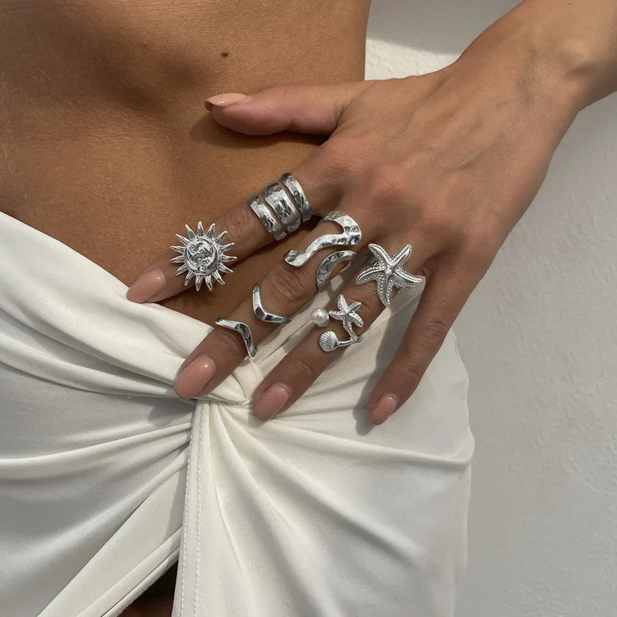 6Pcs/Set Vintage Sun Starfish Open Rings - 04