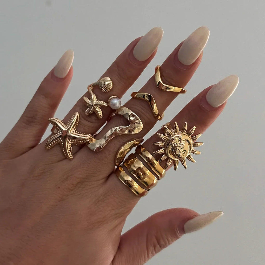 6Pcs/Set Vintage Sun Starfish Open Rings