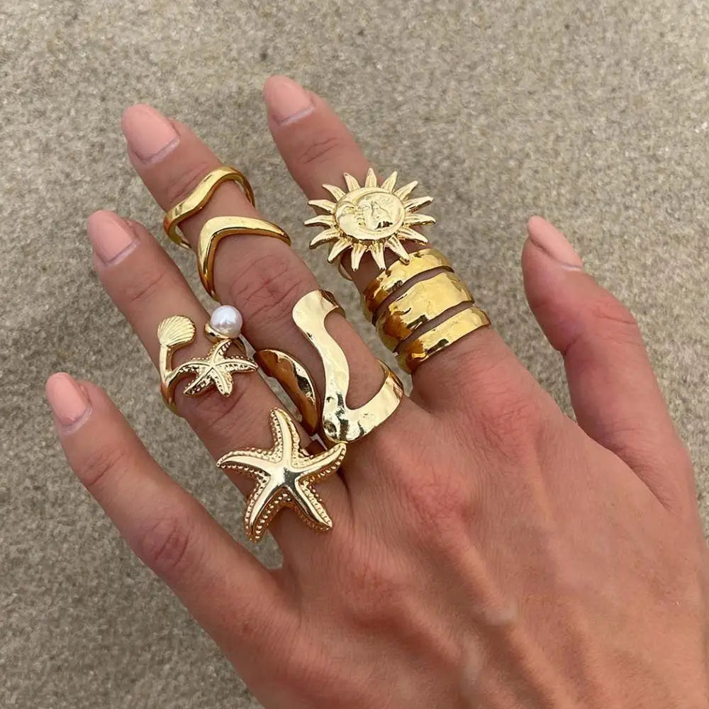 6Pcs/Set Vintage Sun Starfish Open Rings