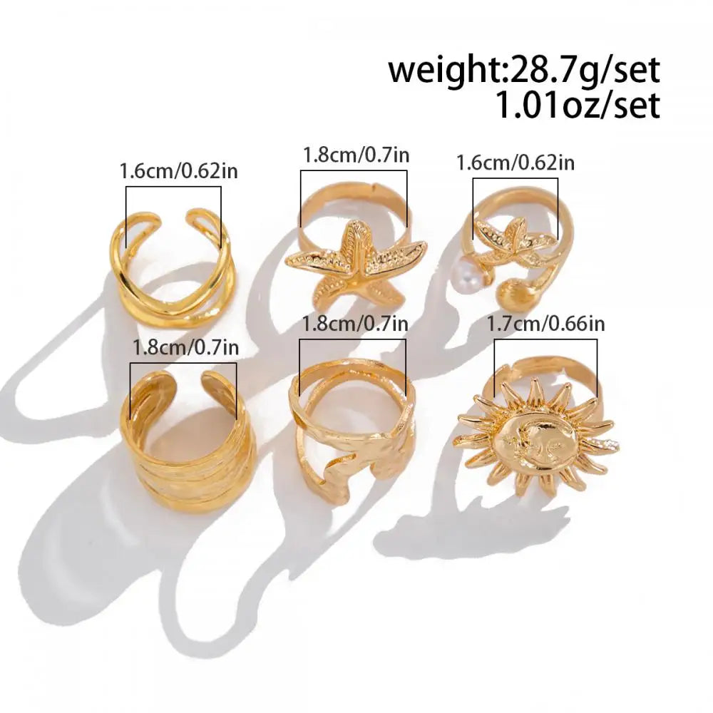6Pcs/Set Vintage Sun Starfish Open Rings