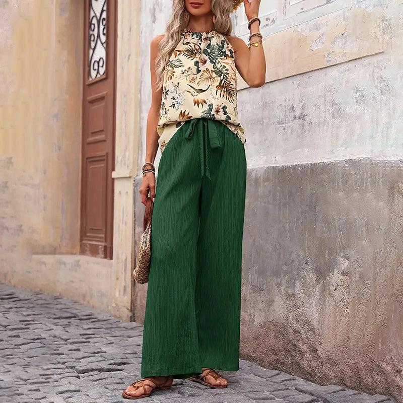 Women's 2 Piece Outfits Casual Sleeveless Halter Neck Crop Tops Wide Leg Pants Set - Norellé