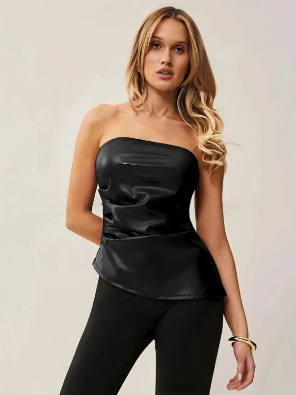Leather Bandeau Strap Pleated Asymmetrical Bandeau Top - Norellé