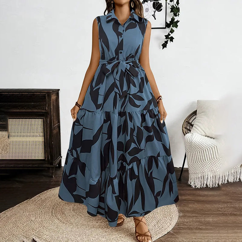 Women Sleeveless Boho Floral Maxi Dress Button Shirt V Neck Flowy Belted - Norellé