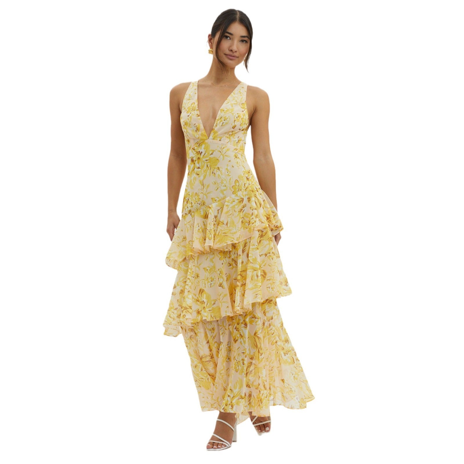 Women's Spaghetti-strap Floral Print Backless Multi-layer V-neck Dress - Norellé