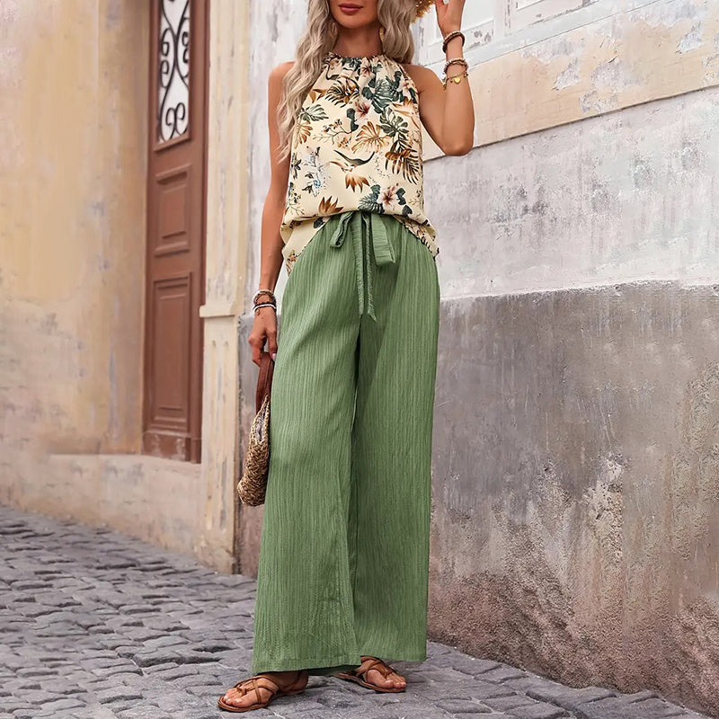 Women's 2 Piece Outfits Casual Sleeveless Halter Neck Crop Tops Wide Leg Pants Set - Norellé