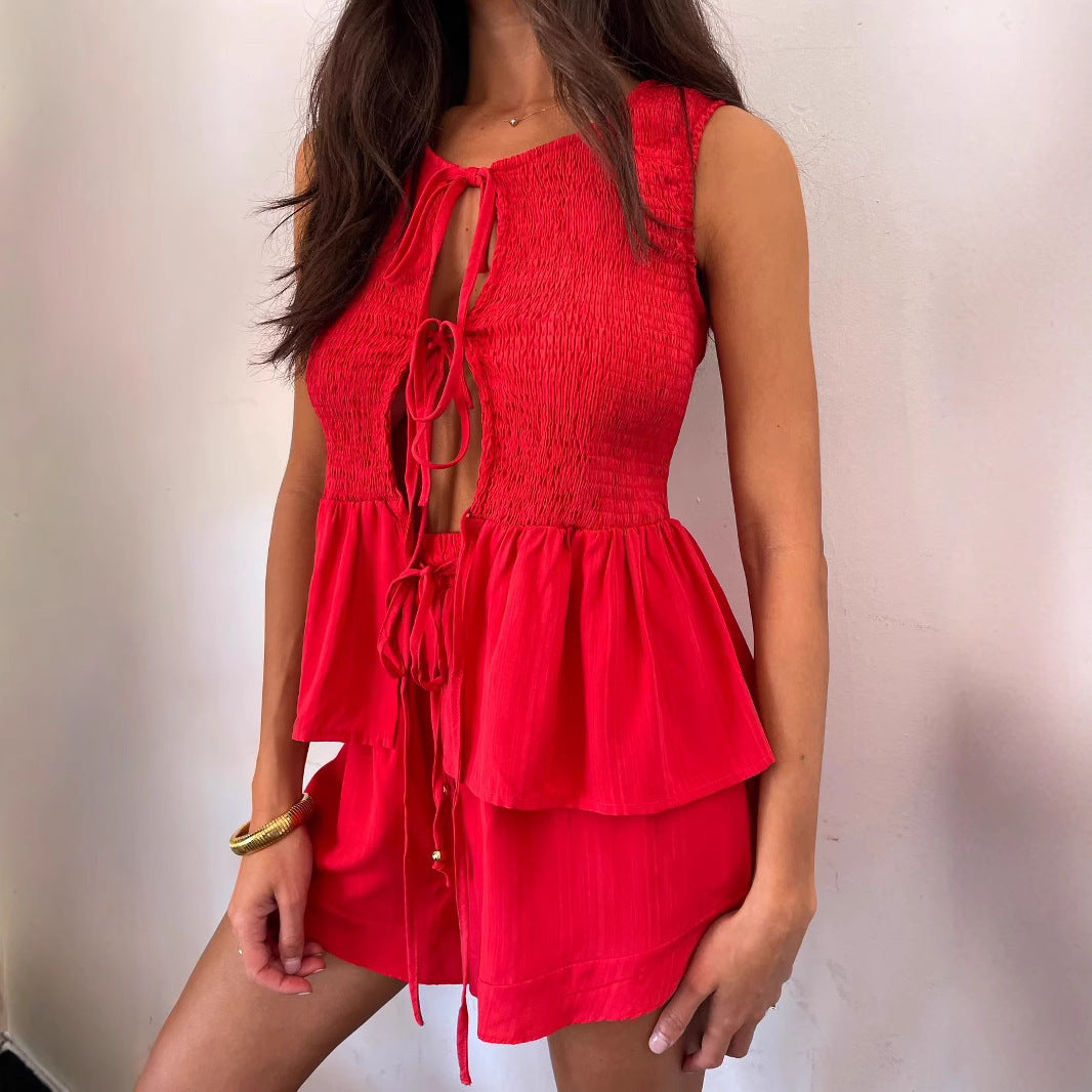 Lace-up Sleeveless Backless Top High Waist Shorts Suit - Norellé