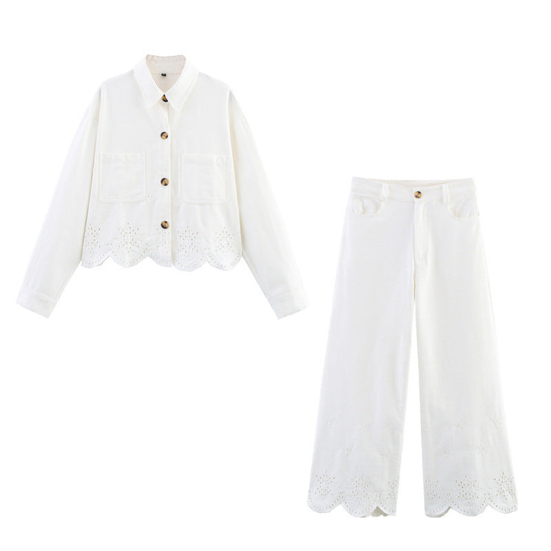 Hollow Embroidered Jacket Wide Leg Trousers - Norellé