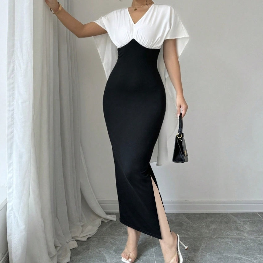 Ladies' Commuting Elegant Casual V-neck Color Block Patchwork Short Sleeved Dress - Norellé