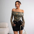 Mesh Printed Off-shoulder Long Sleeved Fitted T-shirt Top - Norellé