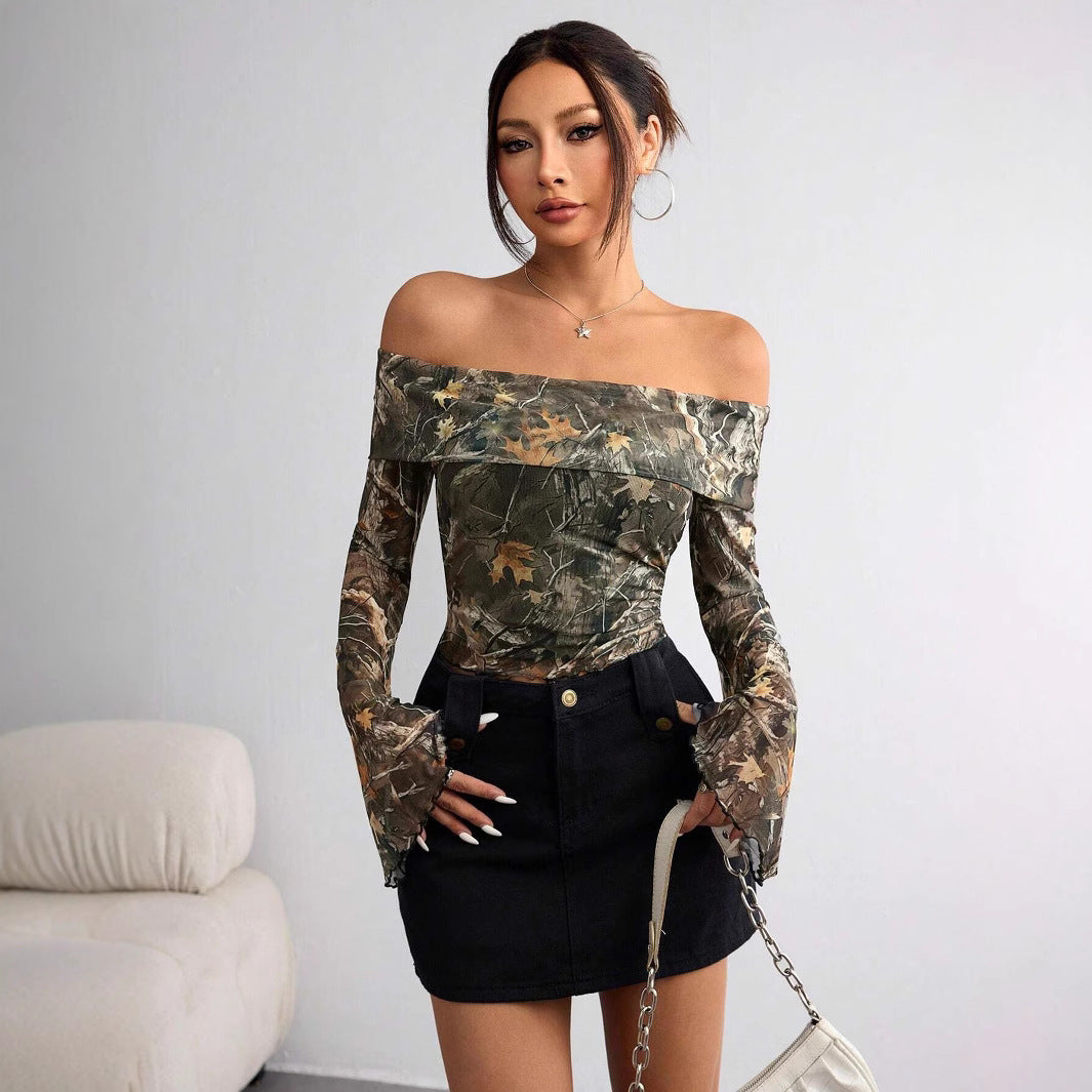 Mesh Printed Off-shoulder Long Sleeved Fitted T-shirt Top - Norellé