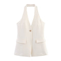 Design Solid Color Slim White One Button Halter - Norellé