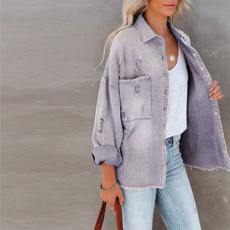 Lapel Long Sleeve Retro Street Ripped Burr Denim Coat - Norellé