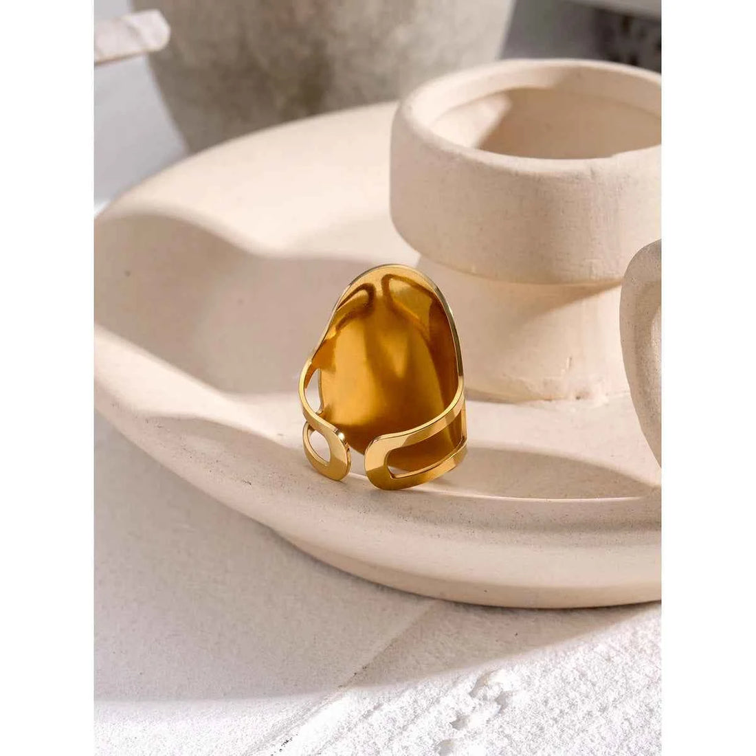 Stainless Steel Natural Stone Marquise White Jade Oval Adjustable Open Ring