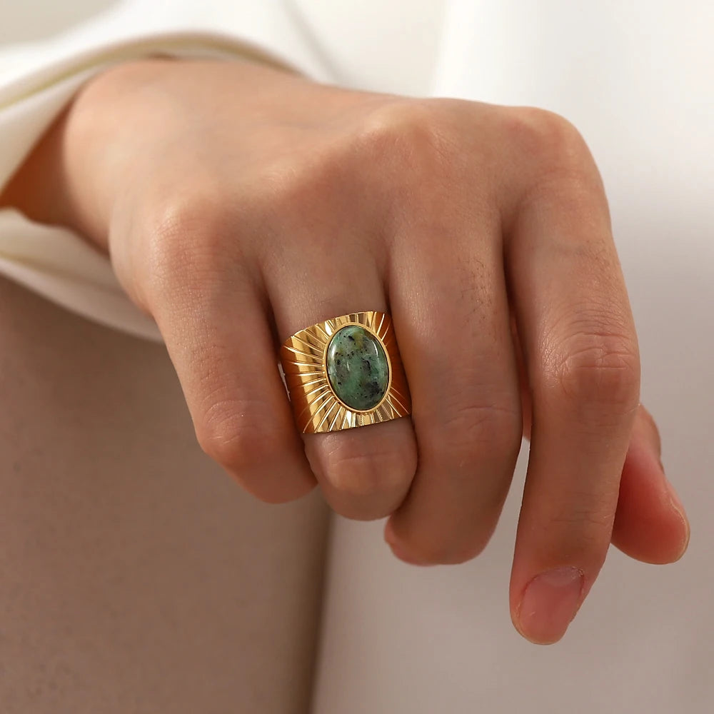 Turquoise Stone Stainless Steel Waterproof Adjustable Ring