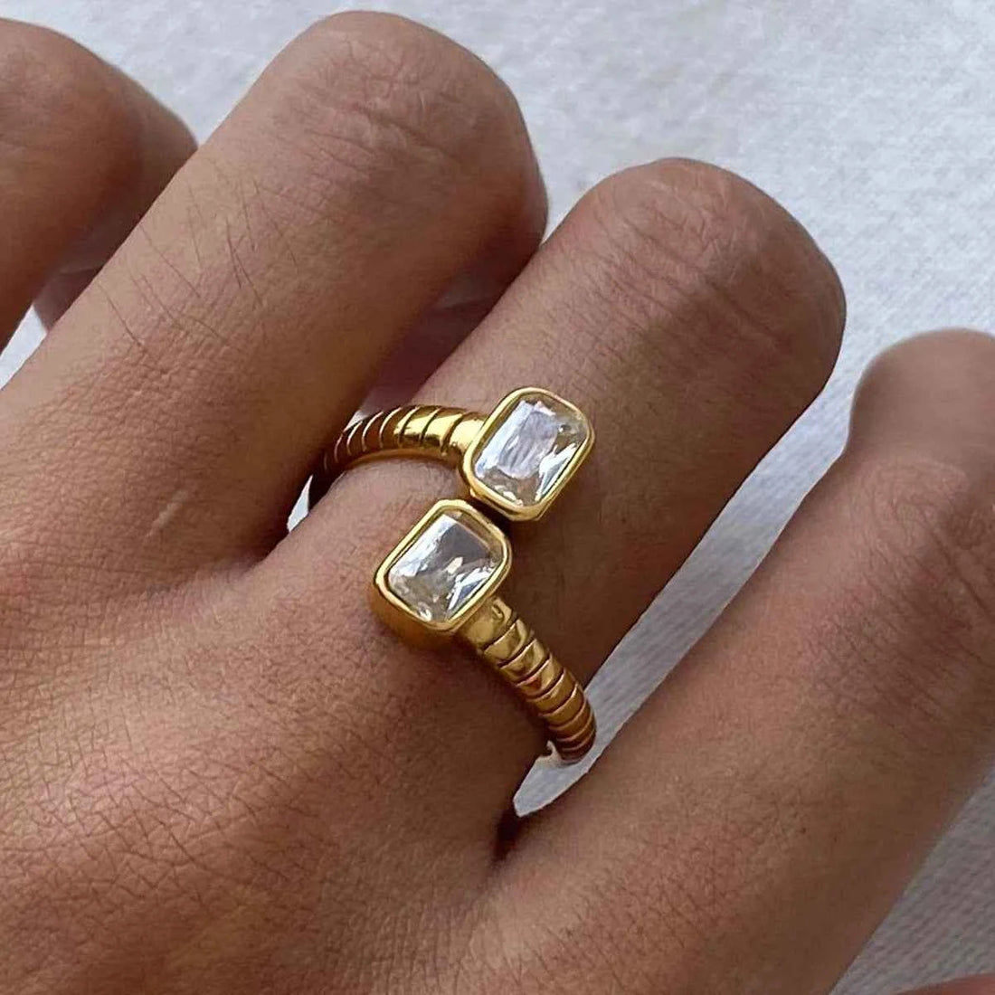 Stainless Steel Geometric Threaded Zirconia Open Ring for Women