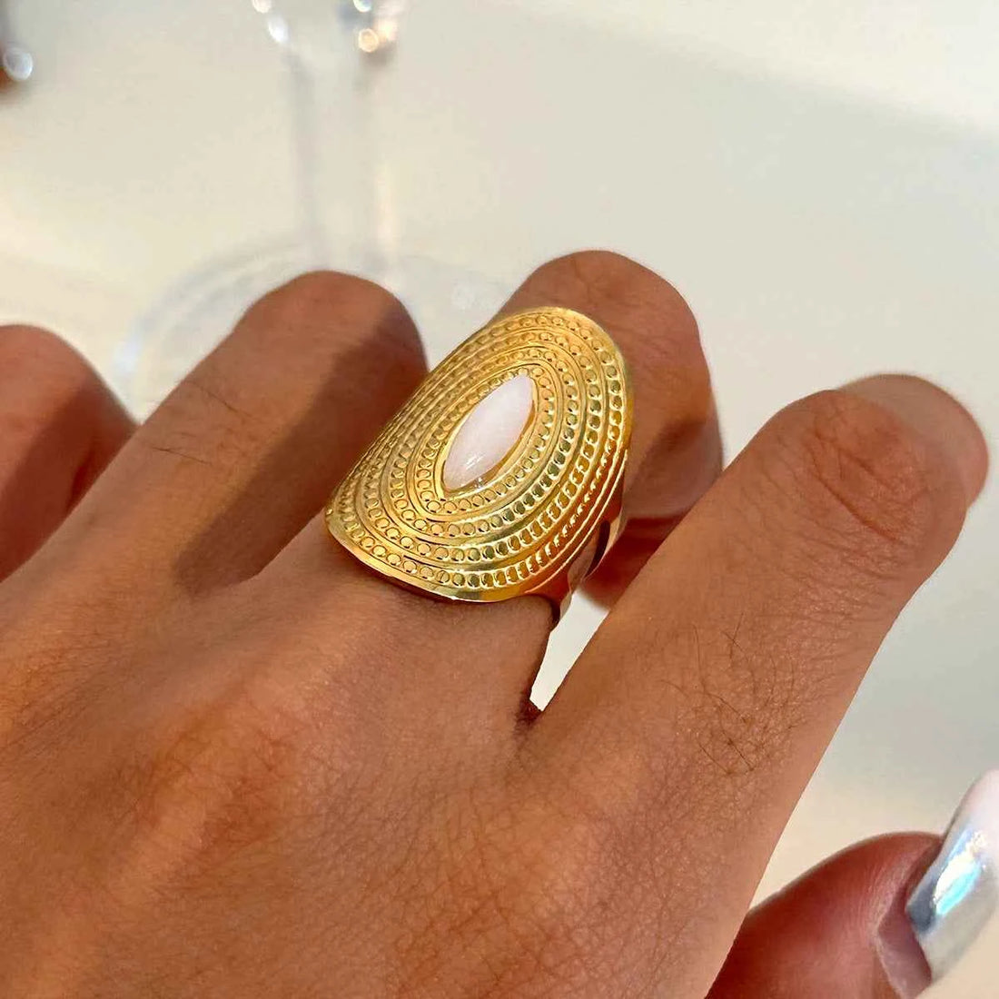Stainless Steel Natural Stone Marquise White Jade Oval Adjustable Open Ring