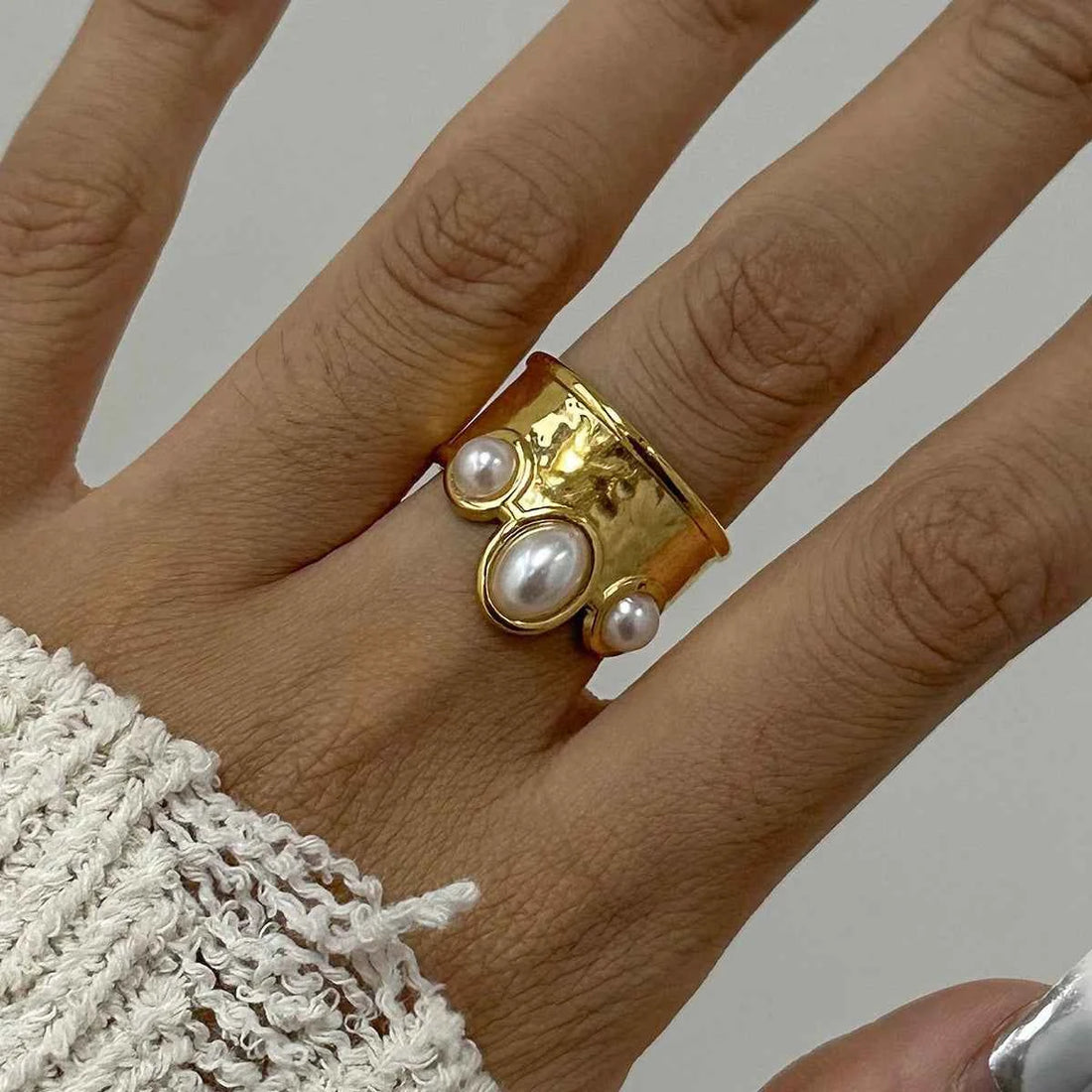 Imitation Pearls Ring Stainless Steel