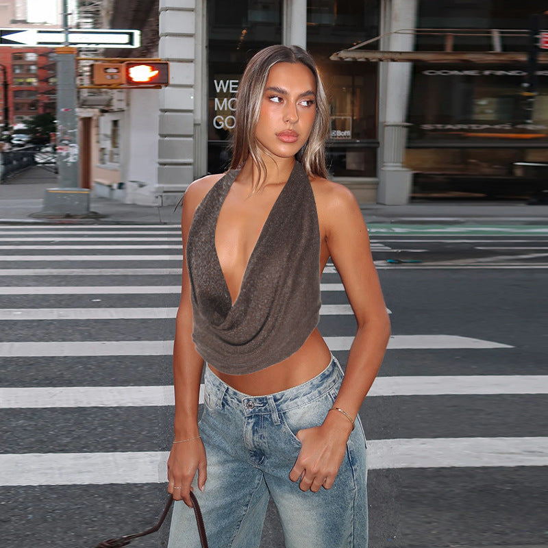 Women's Pure Color Halter Silver Silk Pockets Collar Top - Norellé