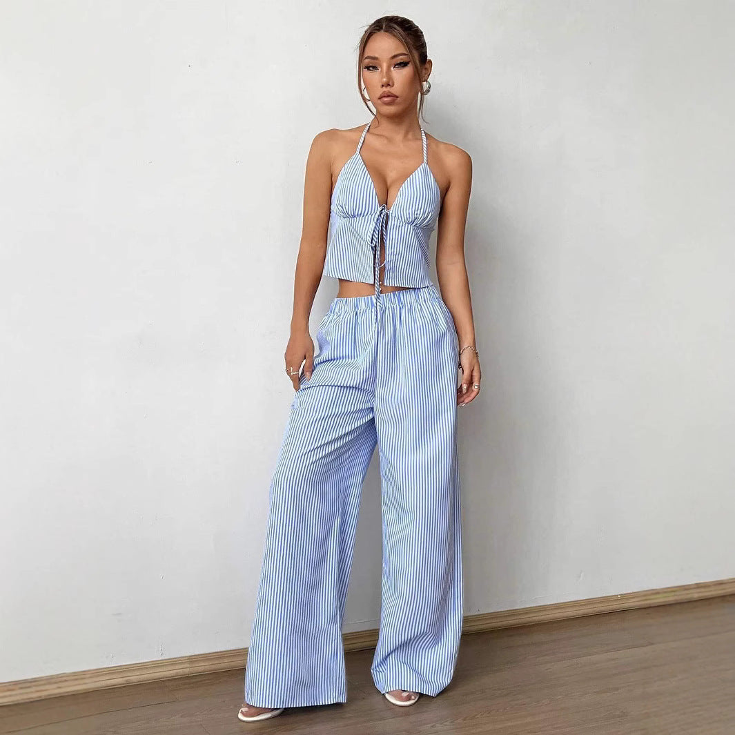 Summer Stripes Vest Plus Stretchy Straight-leg Pants Casual Two-piece Suit - Norellé