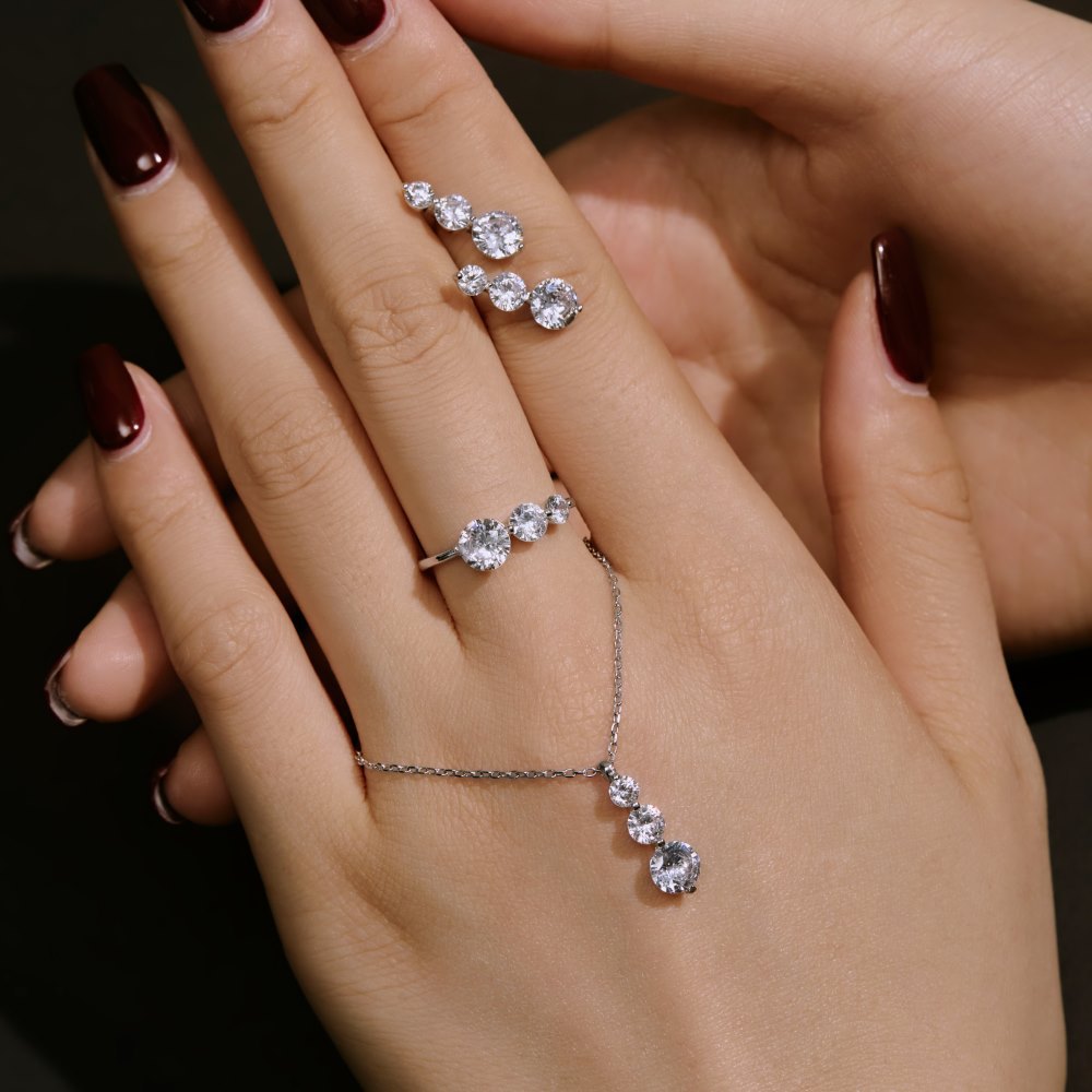 S925 Sterling Silver Round Zircon Ring Necklace And Earring Suit - Norellé