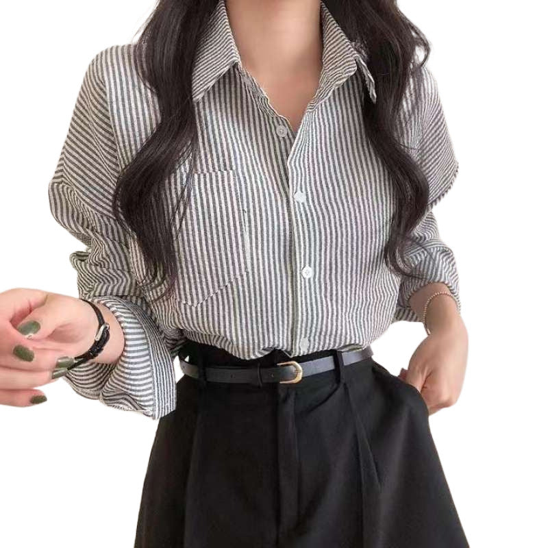 Casual Elegant High-rise Wide Striped Long Fleece Shirt Women's Top - Norellé