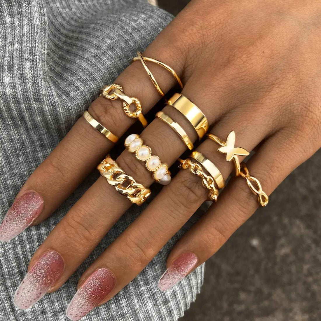 Retro  Pearl Knuckle Ring Butterfly Ring Suit 10-piece Set - Norellé
