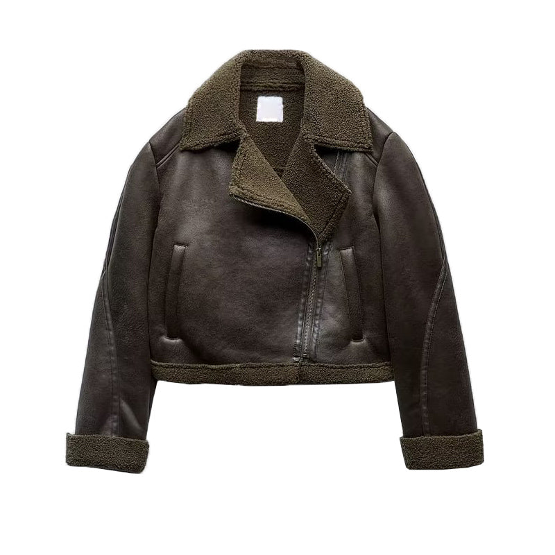 Lapel Patchwork Fleece Motorcycle Short Jacket Coat - Norellé