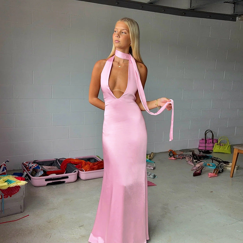 Elegant Slim Deep V Halter Strap Satin Dress - Norellé