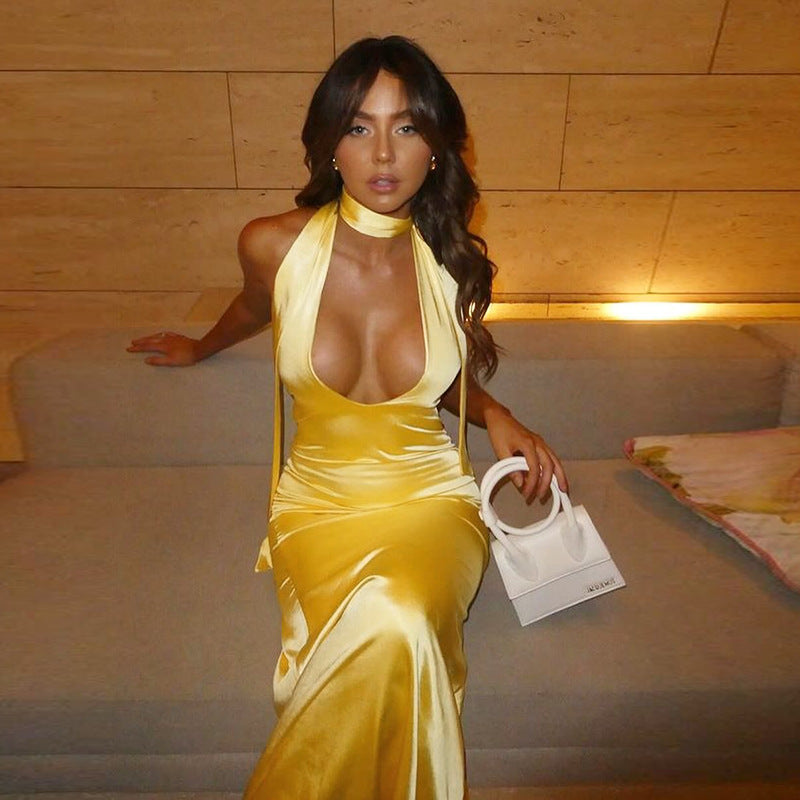 Elegant Slim Deep V Halter Strap Satin Dress - Norellé
