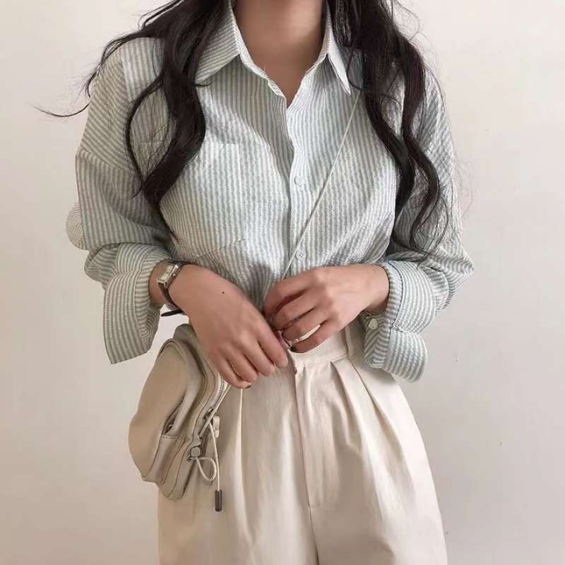 Casual Elegant High-rise Wide Striped Long Fleece Shirt Women's Top - Norellé