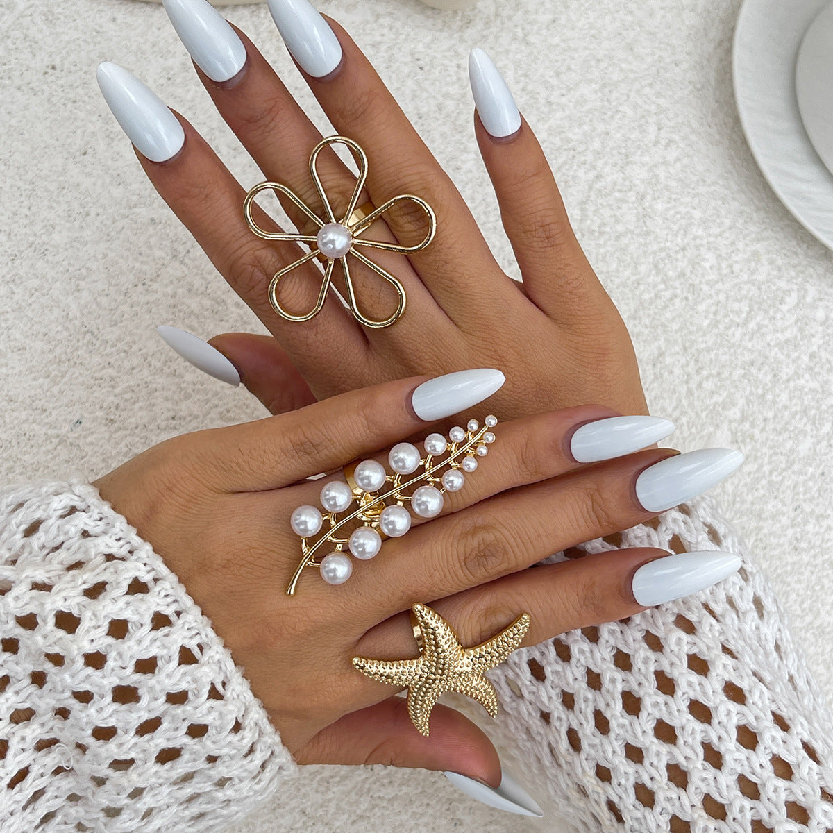Ocean Style Hollow Flower Ring Feather Knuckle Ring - Norellé
