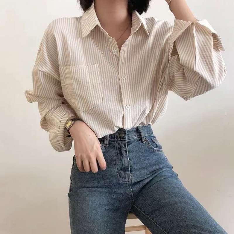 Casual Elegant High-rise Wide Striped Long Fleece Shirt Women's Top - Norellé