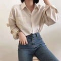 Casual Elegant High-rise Wide Striped Long Fleece Shirt Women's Top - Norellé