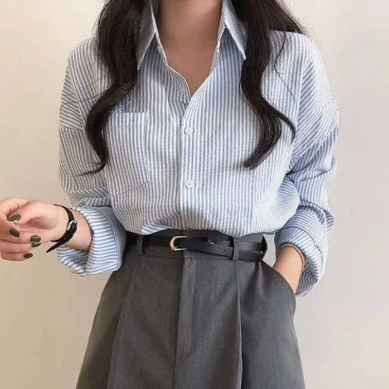 Casual Elegant High-rise Wide Striped Long Fleece Shirt Women's Top - Norellé